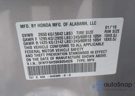 2019 Honda Pilot Ex-L z USA, uszkodzony, nr VIN 5FNYF6H59KB054826